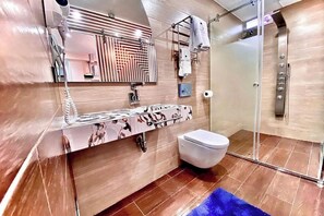 Hair dryer, towels, soap, toilet paper