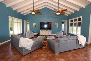 TV, DVD player, books, offices