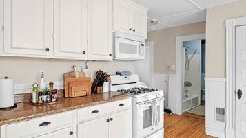 Een magnetron, een oven, een kookplaat, een vaatwasser