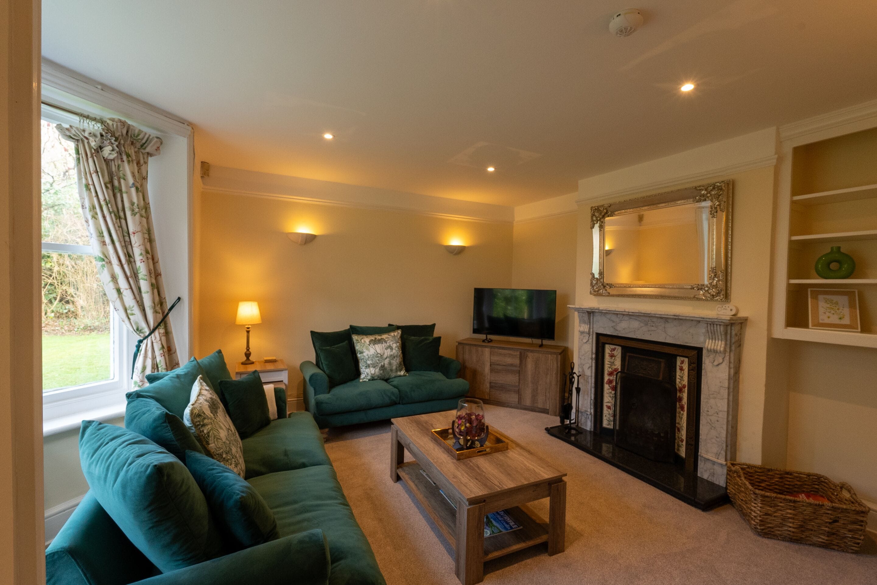 TV, caminetto, lettore DVD, libri