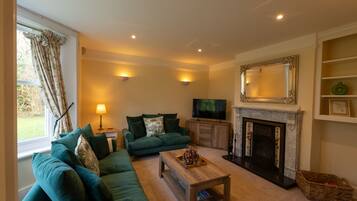 TV, caminetto, lettore DVD, libri