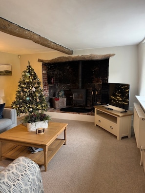 Ein gemütliches Wohnzimmer mit Kamin, Weihnachtsbaum und Fernseher.