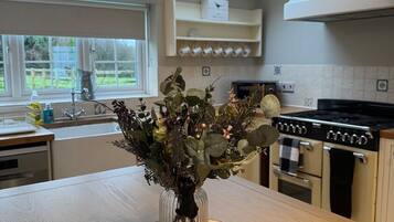 Coffee/tea maker, fridge, microwave, oven