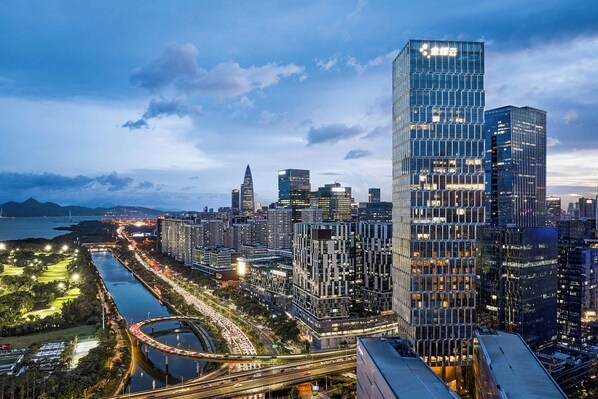 Paesaggio urbano moderno con grattacieli, un fiume e un ponte.