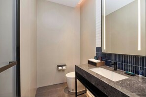 Un bagno moderno con uno specchio grande, un lavandino e un water.