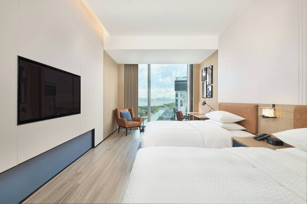 Room, 2 Double Beds, Bay View | In-room safe, laptop workspace, blackout drapes, iron/ironing board