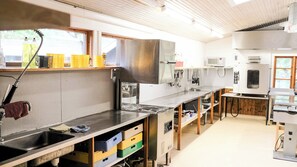 A kitchen with stainless steel appliances, wooden cabinets, and a window overlooking a yard.