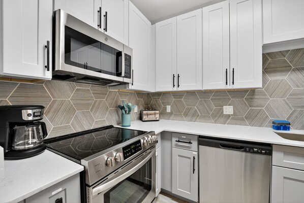 Departamento, 1 habitación | Cocina privada | Refrigerador, horno, cafetera y tetera y tostadora 