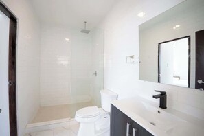 A modern bathroom with a glass-enclosed shower, a white toilet, and a vanity with a mirror.