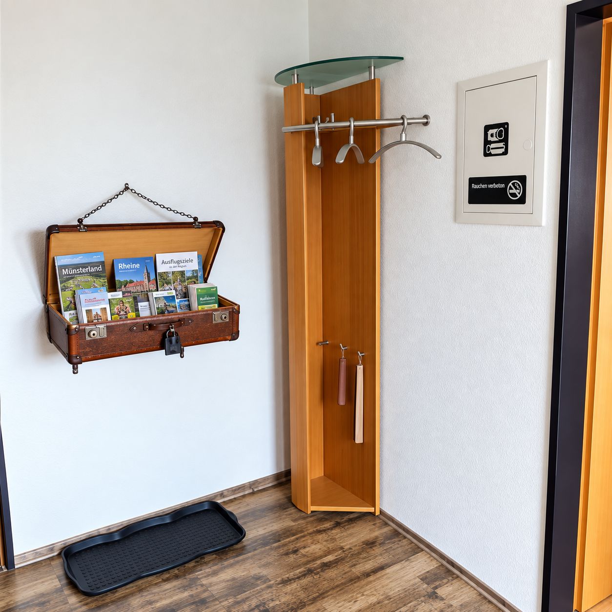 Een hotelkamer met een houten garderobe, een glazen plank met reisbrochures, een zwarte mat bij de ingang en een rookvrij sign op de muur.