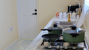 Cocina compacta con estufa a gas, un lavamanos y una puerta al fondo.