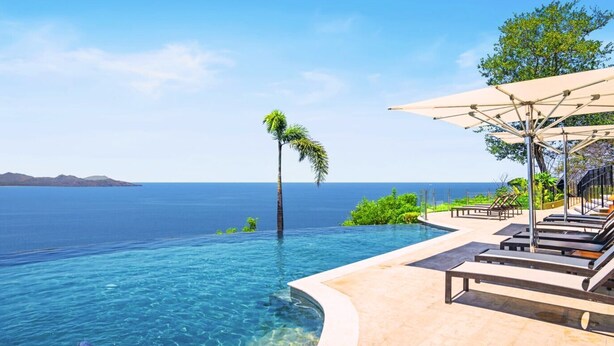 An infinity pool with a clear view of the ocean and a palm tree. - The Only 7-Bedroom at Splendor – Luxury Oceanview Two-Level Condo with Rooftop (Playa Flamingo)