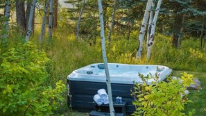 Uma banheira de hidromassagem em ambiente natural, com árvores e vegetação.