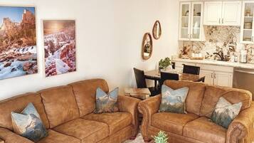 Smart TV, fireplace, books