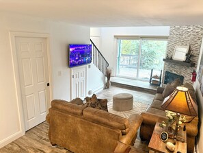 Smart TV, fireplace, books