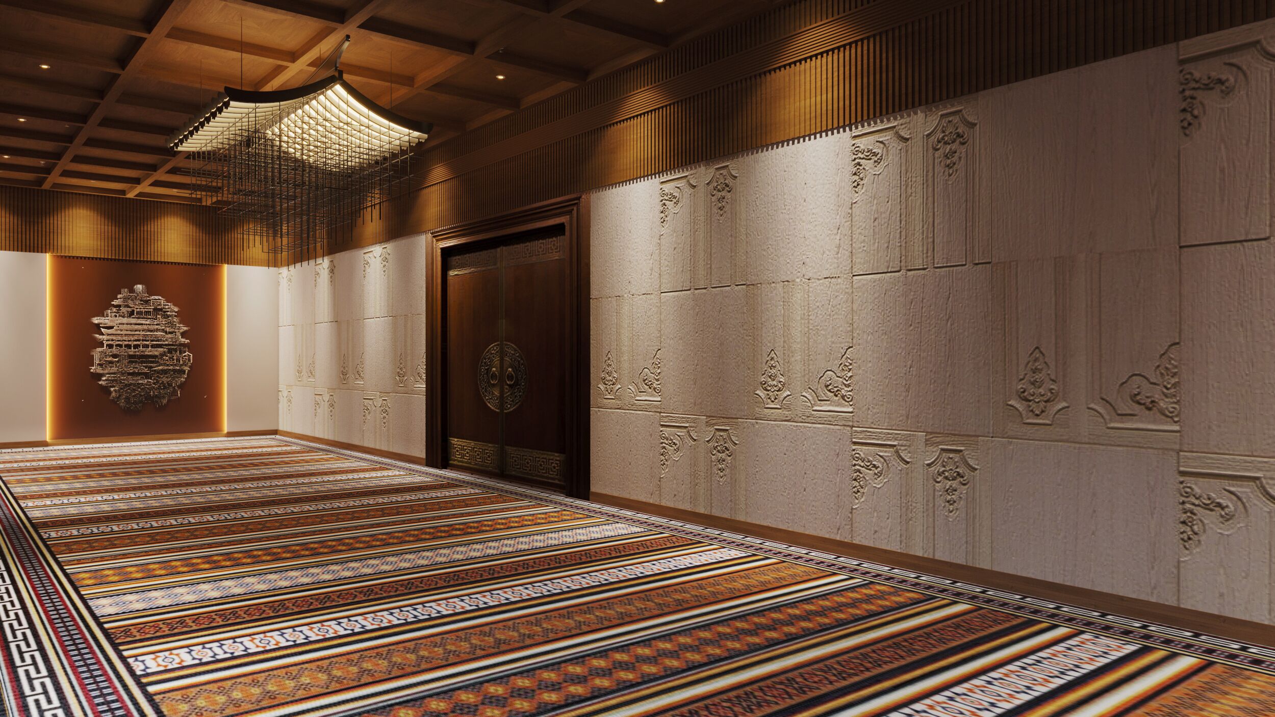 A spacious hallway with patterned carpet, a large chandelier, and ornate wall decorations.