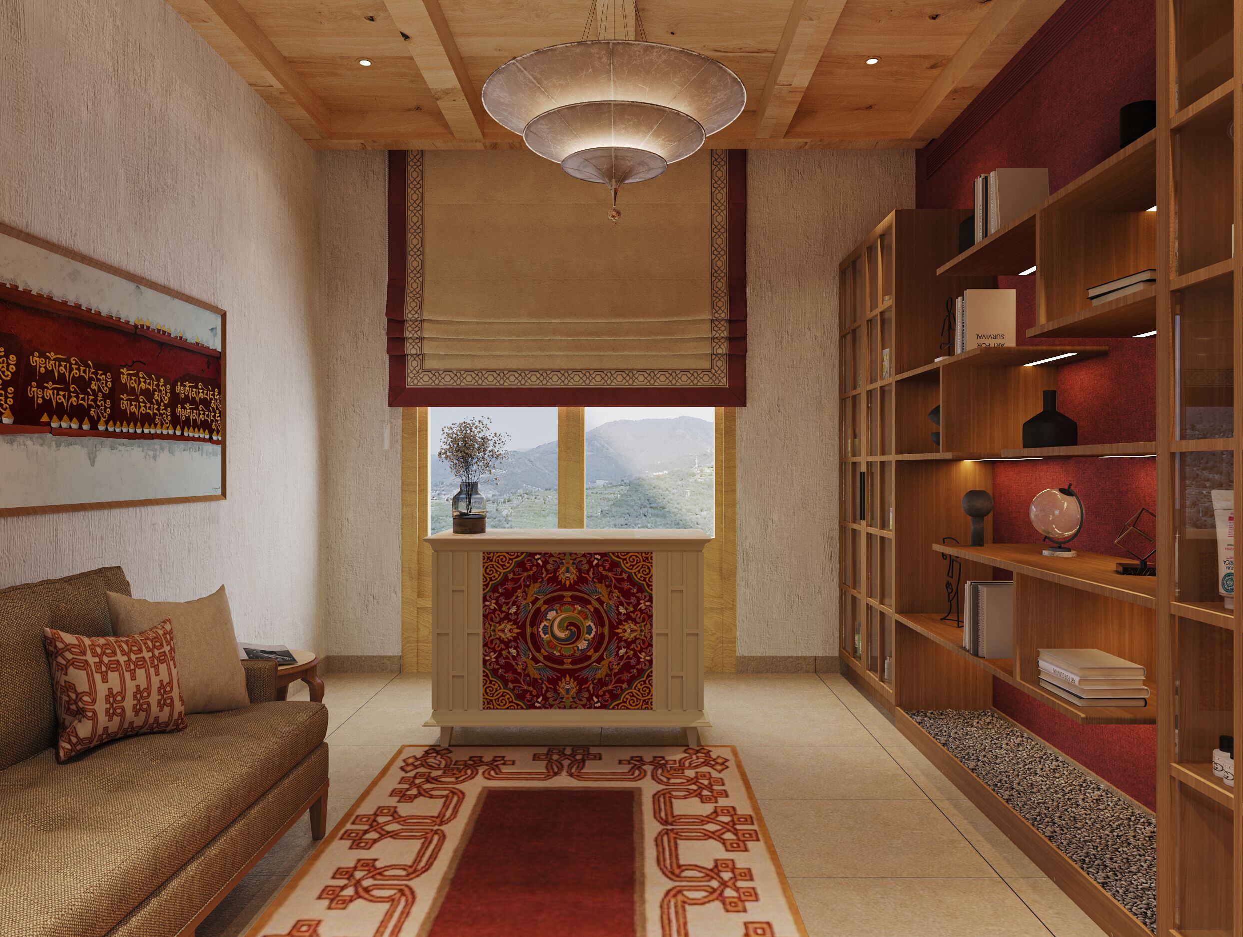 Una habitación acogedora con sofá, alfombra decorativa, estantería y ventana con vistas a montañas.