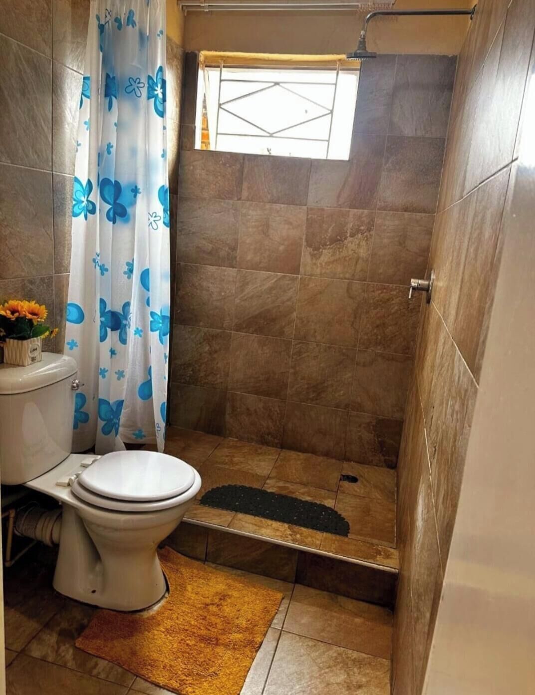 Een douche, handdoeken, toiletpapier