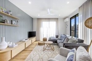 TV, fireplace, books