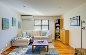 Télévision, cheminée, lecteur de DVD, livres