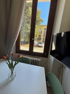 Une pièce comprenant une table, un vase avec des fleurs, un radiateur, une fenêtre donnant sur un immeuble et une voiture garée, ainsi qu’un téléviseur.