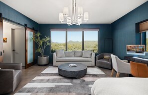 Smart TV, fireplace, books, offices