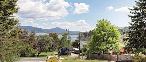 A residential area with a driveway leading to a house, surrounded by trees and a view of a lake and mountains in the distance.