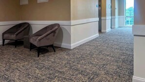 A hallway with two armchairs, a carpeted floor, and a view of the outdoors through a window. - 411 Modern Brand New Studio Apartment (Old Bridge)