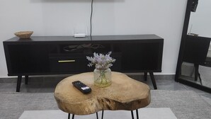 Un salon avec un téléviseur fixé au mur, une table basse en bois ornée d’un vase et d’une télécommande, un meuble de rangement noir pour appareils électroniques et un tapis à motifs.