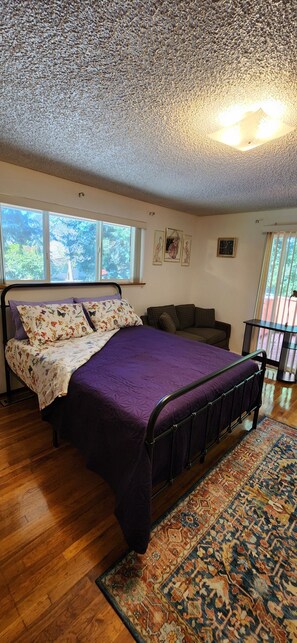 A bedroom with a bed, a window, a ceiling light, and a rug.