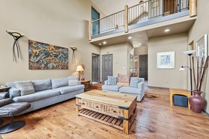 TV, fireplace, books