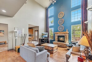 TV, fireplace, books