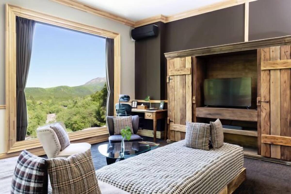 A room with a bed, a desk, a chair, a TV, and a large window with a view of greenery.