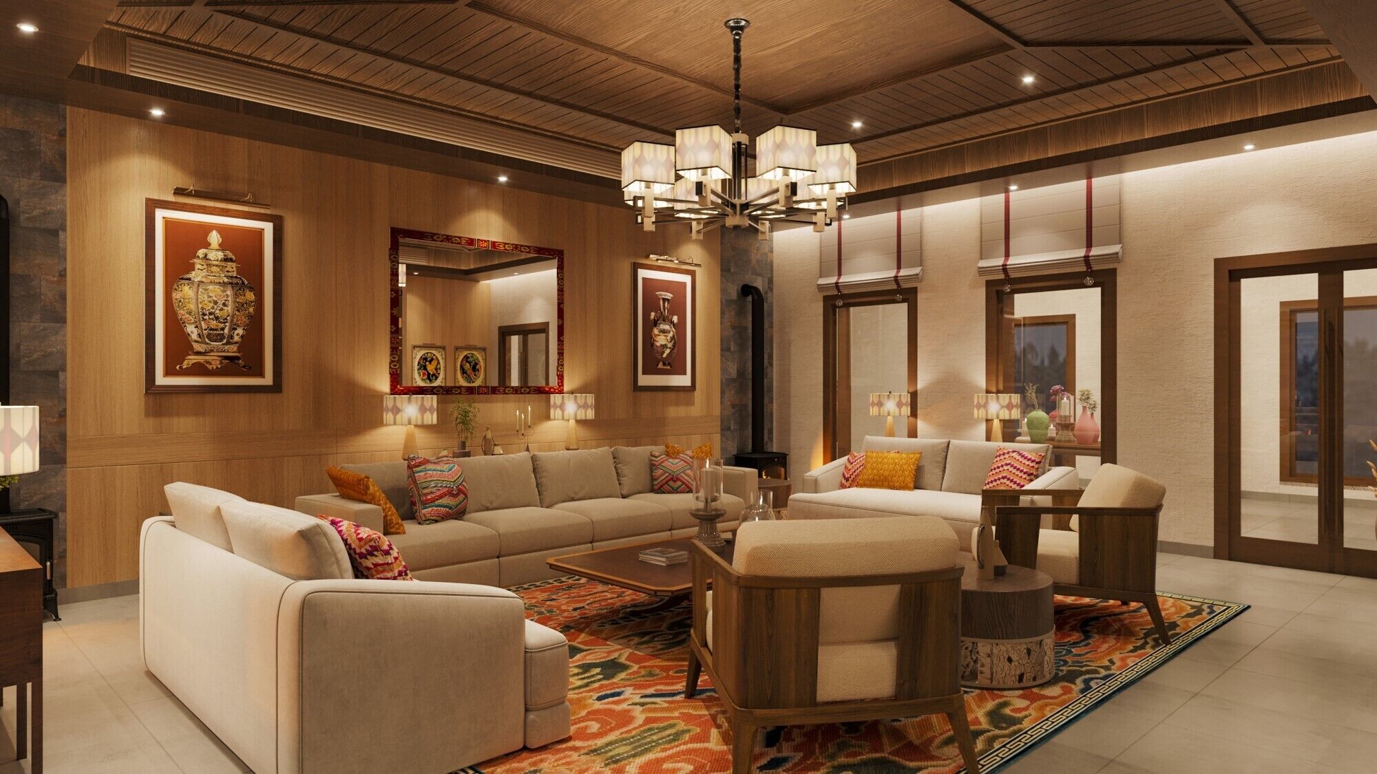 A modern living room with a large L-shaped sofa, a wooden coffee table, and a patterned rug. There are multiple wall-mounted lamps and a chandelier.