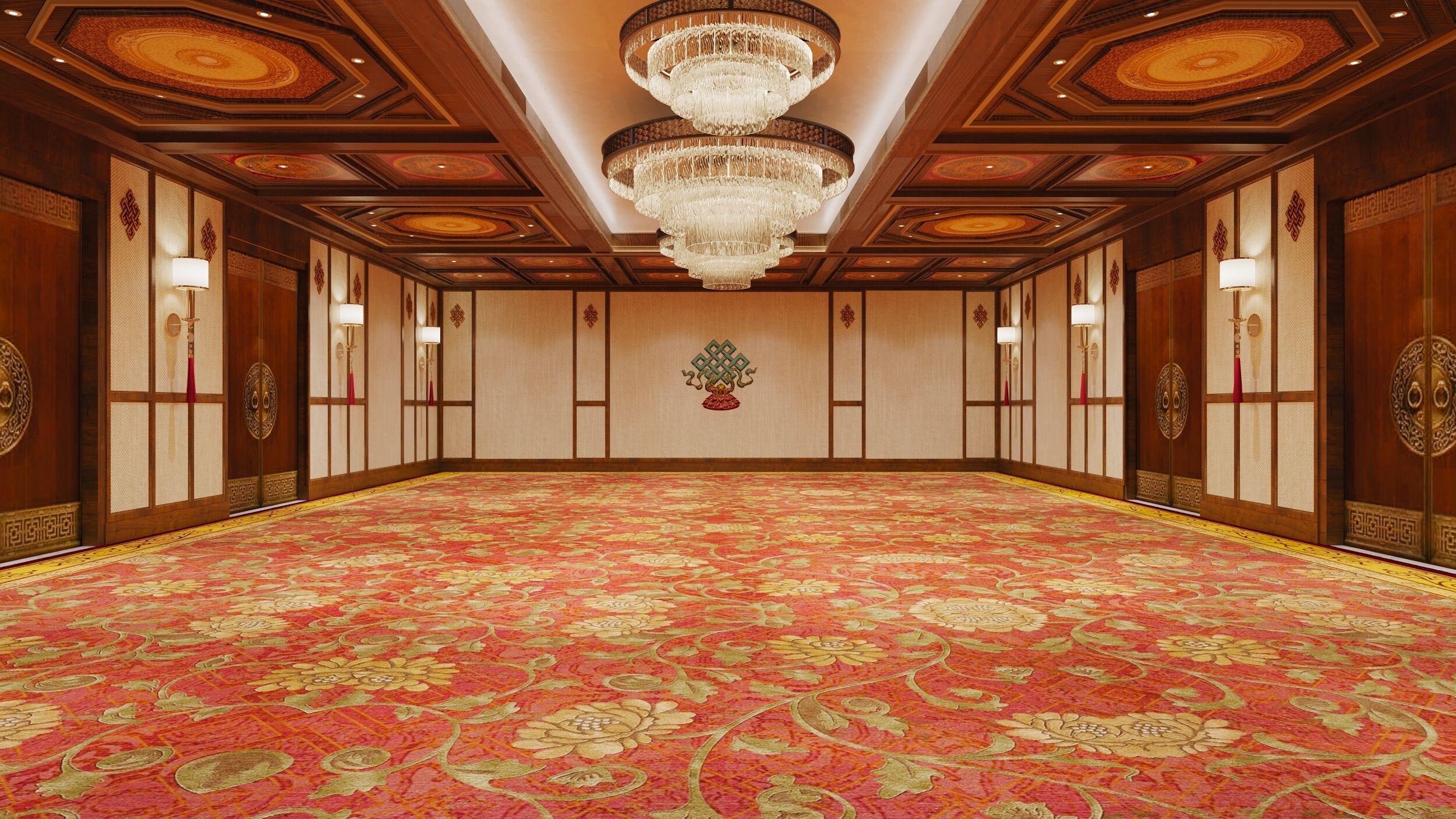 Una sala amplia y lujosa con alfombra roja, candelabro y decoración tradicional.