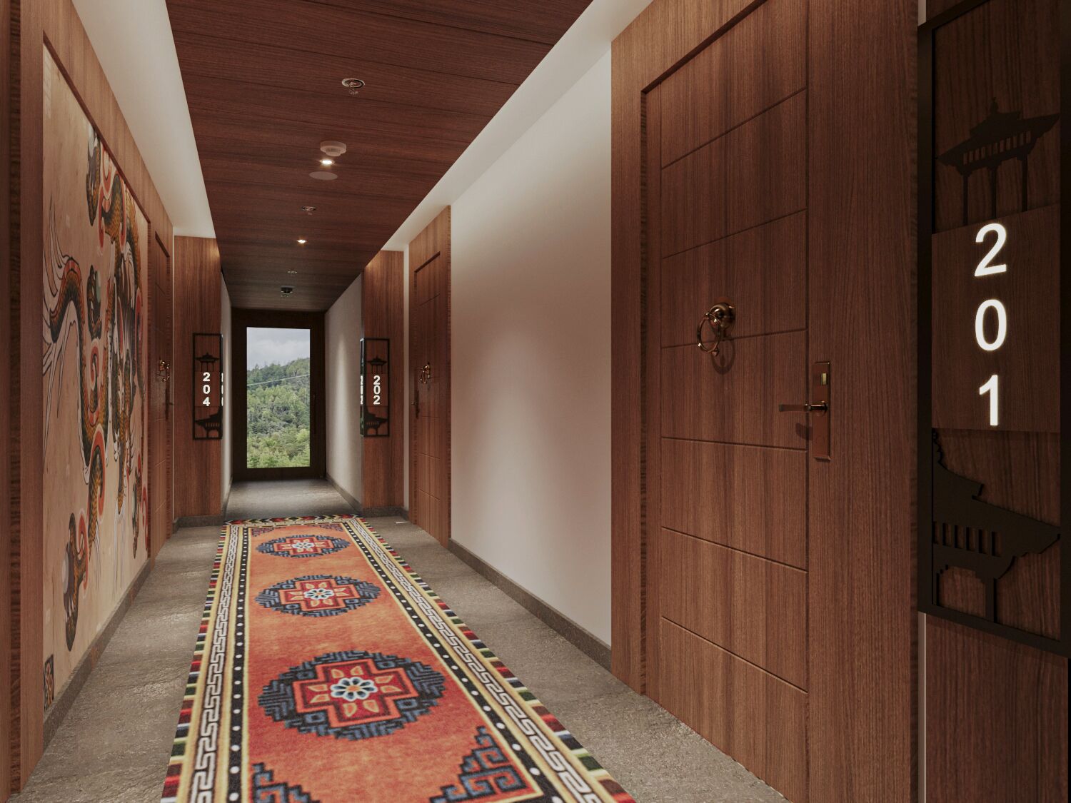 A hallway with wooden doors, numbered 201, leading to a room with a view of greenery.