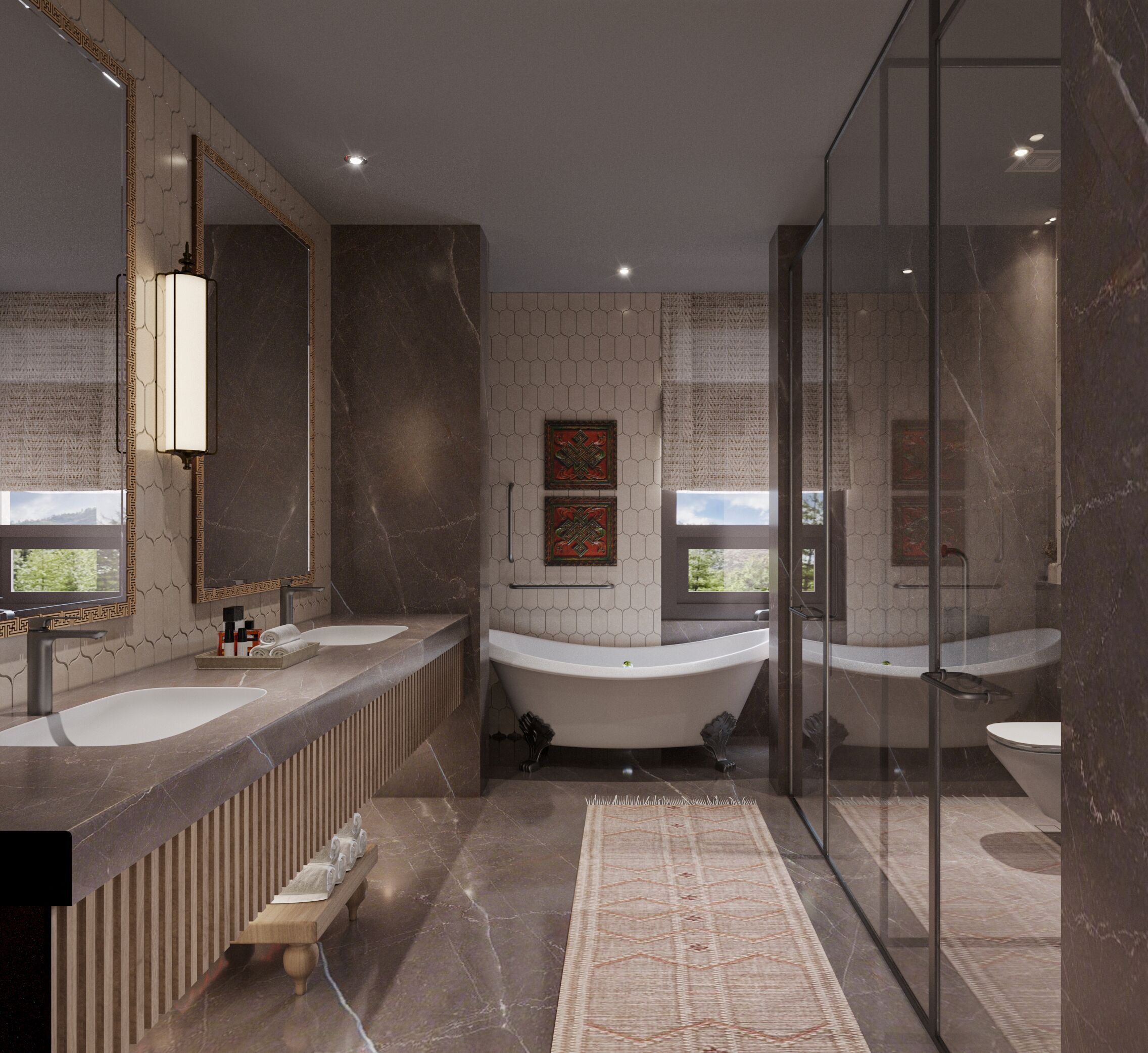 A modern bathroom with a large bathtub, two sinks, and a glass shower enclosure.