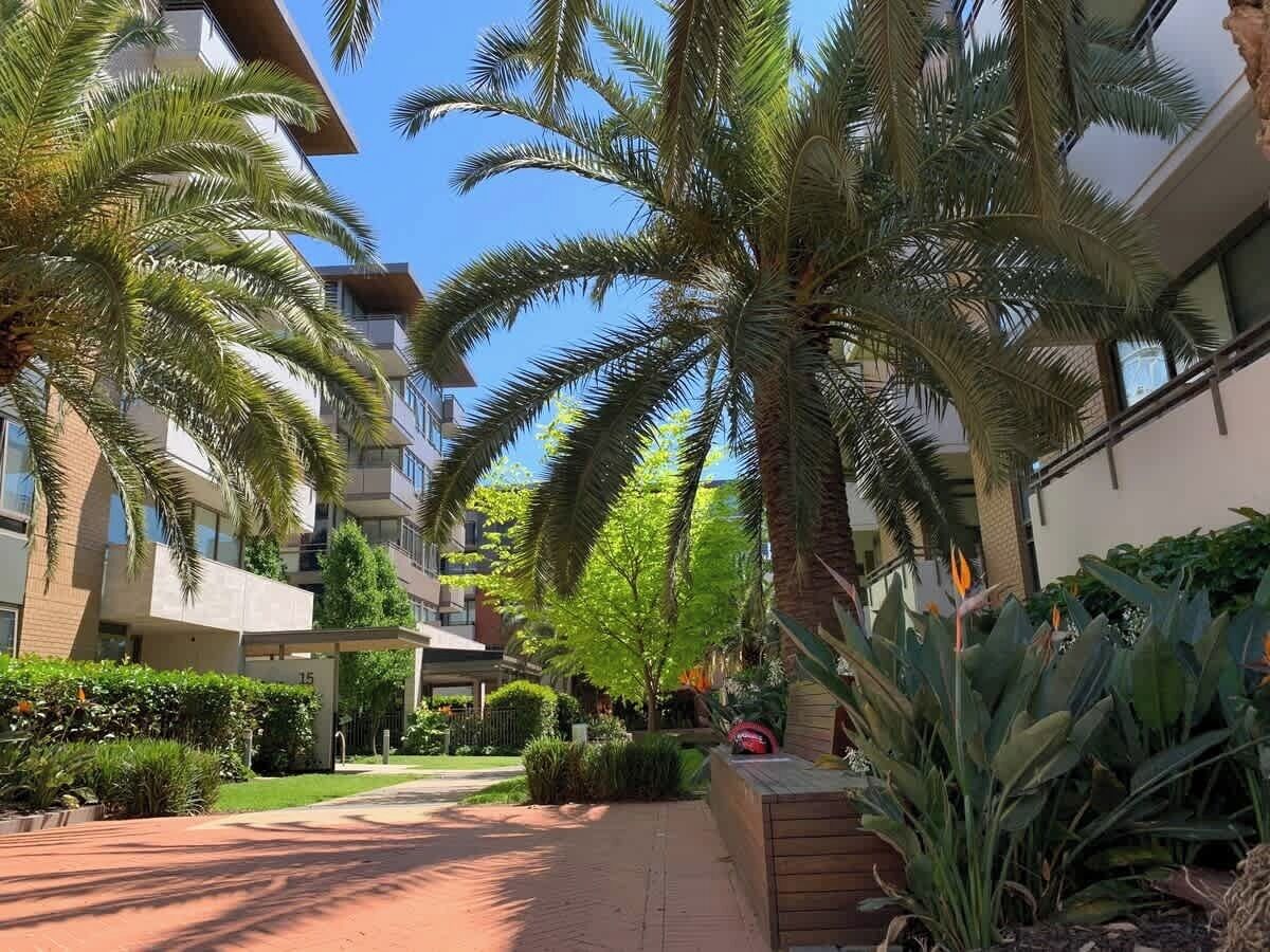 A modern building with multiple balconies, surrounded by lush greenery and palm trees.