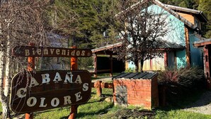 Eine rustikale Holzhütte mit einem Schild, auf dem „Bienvenidos“ und „CABANAS COLOR“ steht.