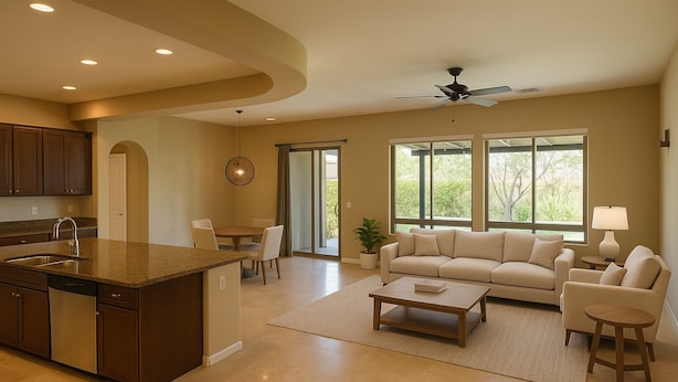 A spacious kitchen with a central island, a dining area with a table and chairs, a living room with a sofa and armchairs, and large windows offering a view of the outdoors. - Spacious 4-bedroom house in cool Phoenix with AC (Phoenix)