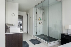 Shower, hair dryer, bidet, towels