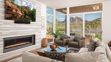 Télévision, cheminée, chaîne hi-fi