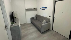 Ein modernes Wohnzimmer mit einem grauen Sofa, einem Flachbildfernseher, einer kleinen Pflanze und einer Tür.