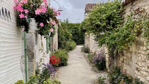 A narrow cobblestone path flanked by buildings with hanging flowers and a sign for 'ARÔMES'.
