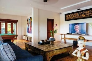 Fernseher, Bücher, Musikbibliothek, Stereoanlage