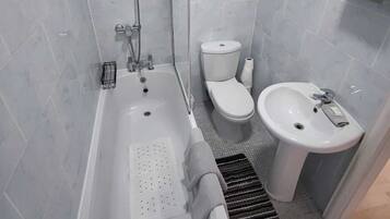 Hair dryer, towels, soap, toilet paper
