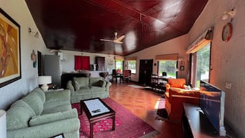 Smart TV, fireplace, foosball, books