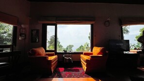 Smart TV, fireplace, table football, books