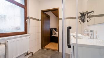Shower, hair dryer, towels