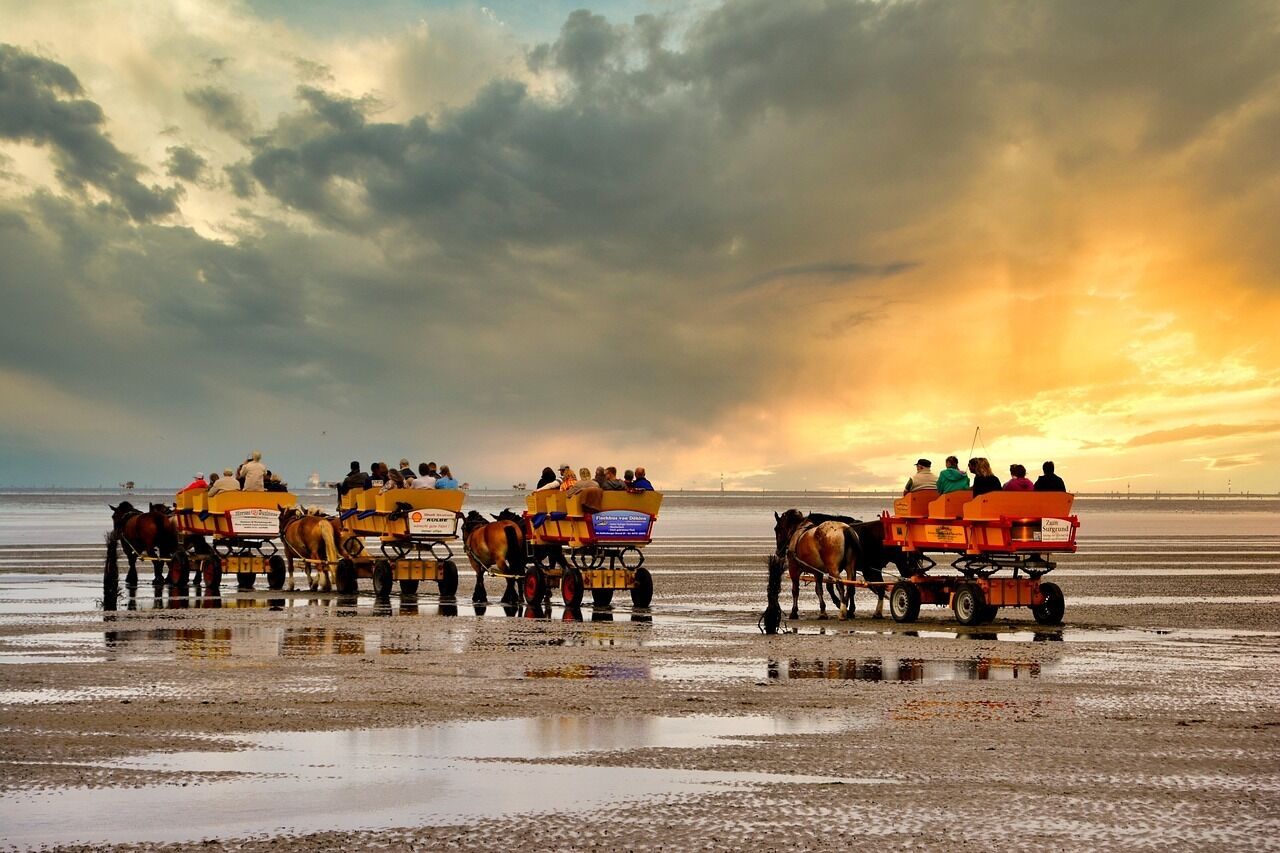 A beach scene with horse-drawn carriages and people.
